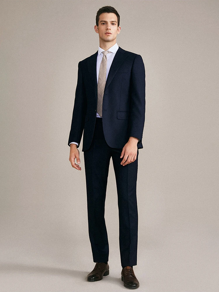 

65% Wool Mens Suits Set Blazer + Pant Deep Blue Wedding Groom Business Man Wear Formal Clothing 2021 Autumn Winter Suit