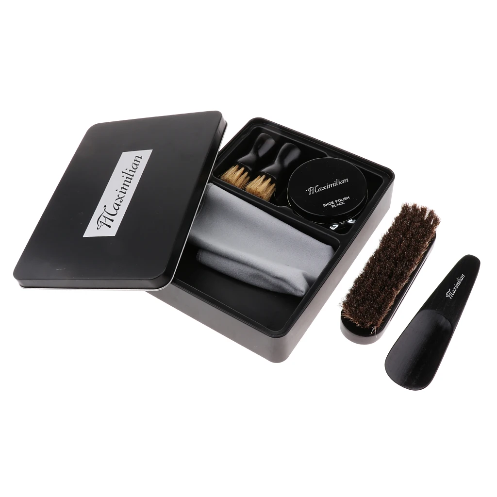 8pcs/set Shoes Care Kit Cleaning Shine Polish Brushes Set With Iron Tin Box