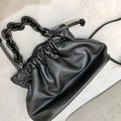 Fashion Ladies Small Hand Bag with Chain  Soft Handbag Genuine Leather Solid Cool String Pack Long Strap Crossbody Shoulder Bag