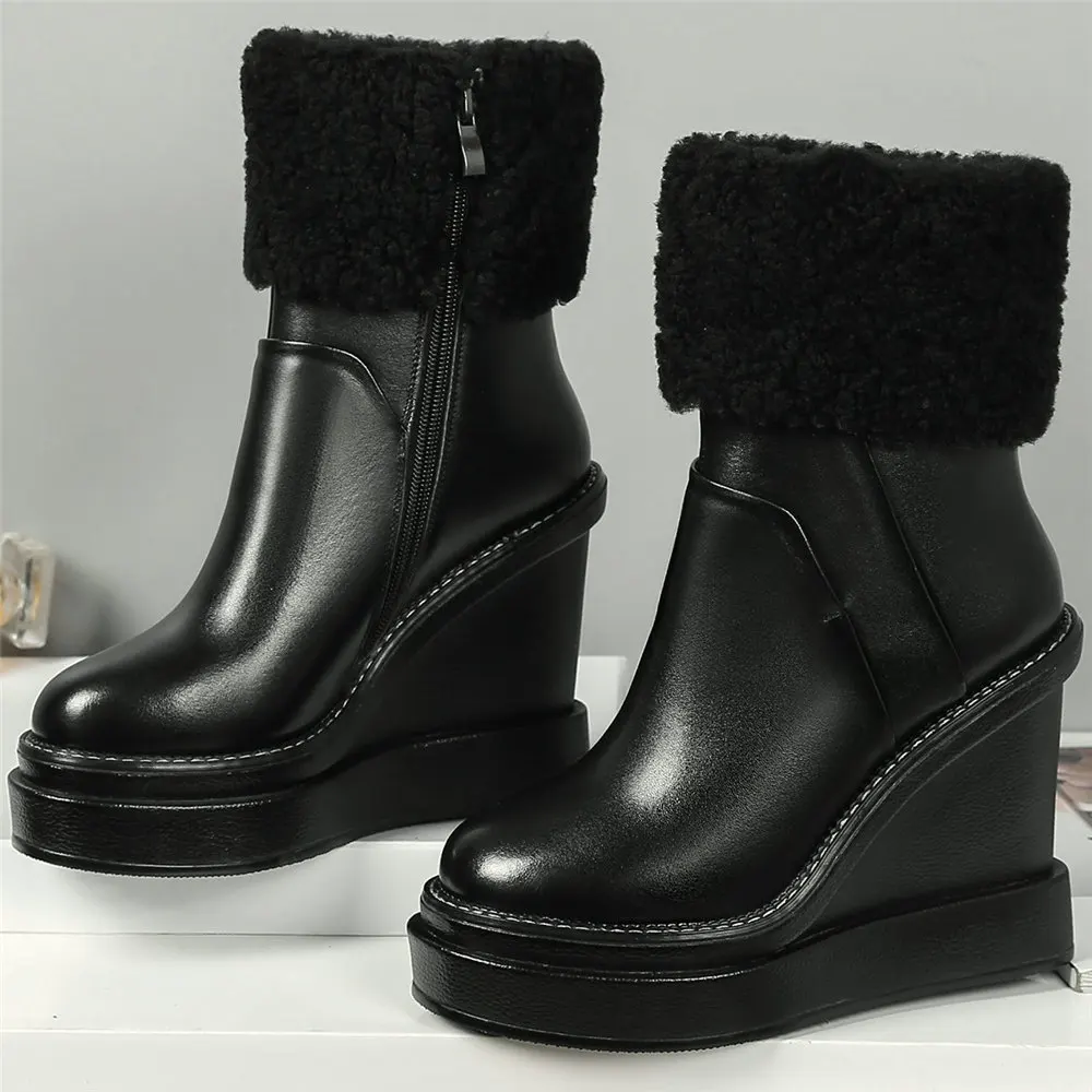 

Winter Fashion Sneakers Women Genuine Leather Wedges High Heel Motorcycle Boots Female High Top Warm Wool Platform Pumps Shoes