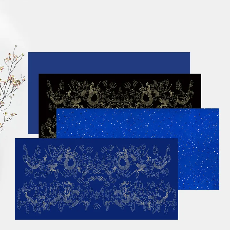 

10 Sheets Dark Blue & Black Xuan Paper Thicken Half-Ripe Rice Paper Brush Writing Paper with Dragon Pattern Four Feet Xuan Paper