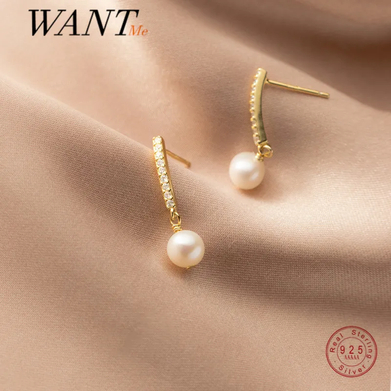 

WANTME Real 925 Sterling Silver Sweet Korean Natural Baroque Pearl Charming Small Earrings for Women Wedding Engagement Jewelry