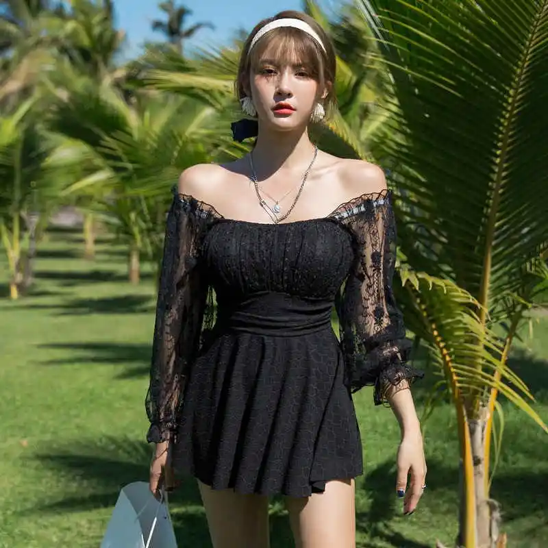 2021 Mẫu Mới Hàn Quốc Cổ Tích Quạt Họa Tiết Ren Đồ Bơi Nữ Dài Tay 1 Giảm Eo Đen Gợi Cảm mới Nóng