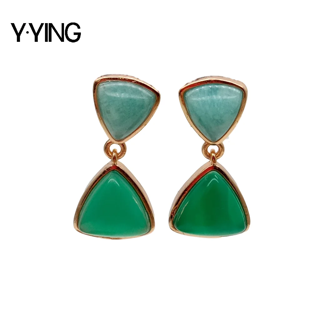 Y·YING Natural Triangle Green stone  Amazonite Bezel Set Gold color Plated Stud Earrings vintage trendy for women