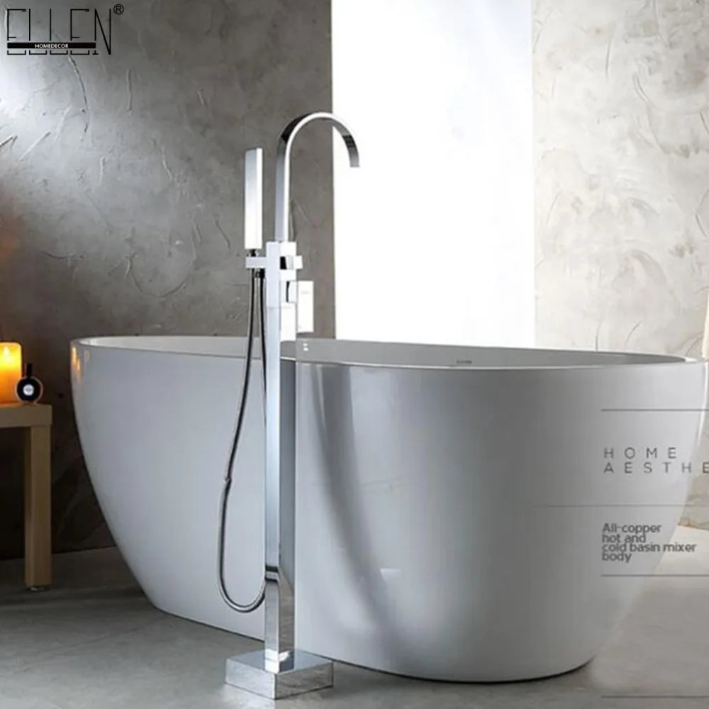 

Vidric Floor Stand Faucets Bathtub Faucet Square Hot and Cold Water Mixer with Hand Shower Chrome Black Color ELF3201