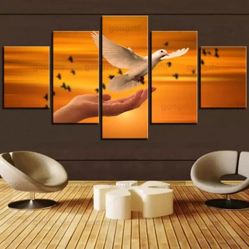 Dusk Golden Yellow Sky Love Flying White Doves Beautiful Wall Painting Charity Frameless Modern Canvas Printing Custom Poster