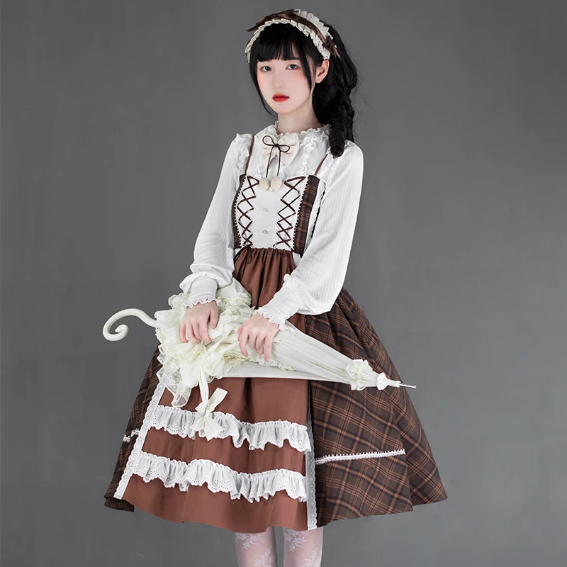 

Princess tea party sweet lolita check strap dress college student style vintage lace cute victorian dress kawaii girl cos