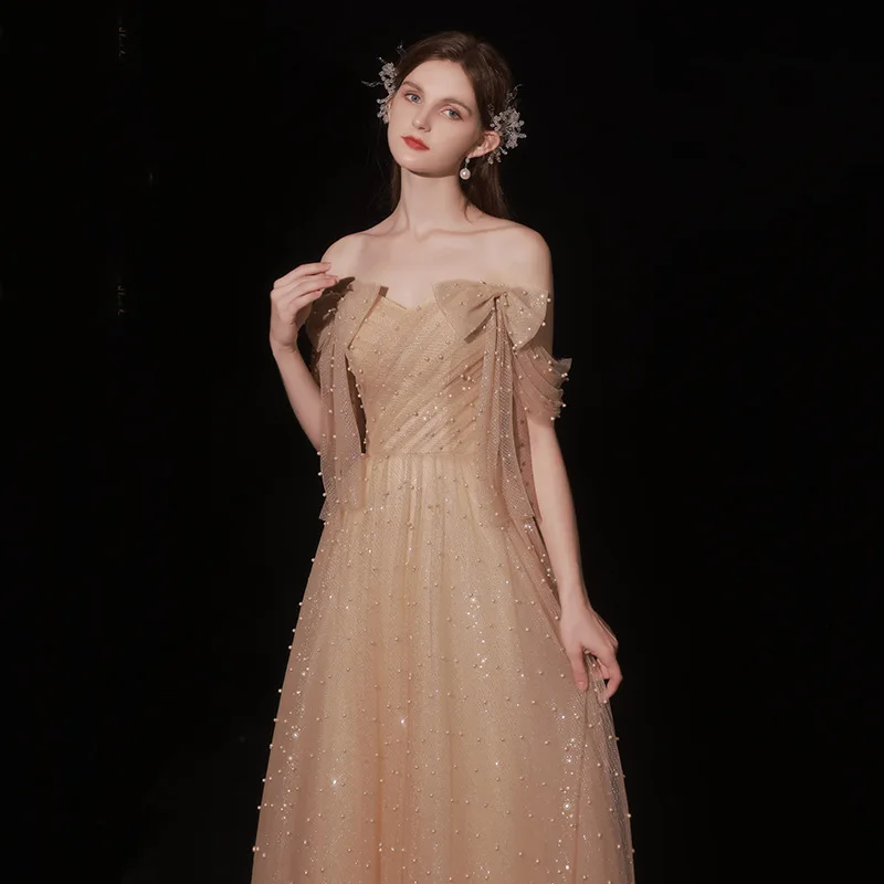 Champagne Beading Evening Dresses Boat Neck Bow Strapless Backless Dress Cocktail Party Gown Sukienka Sylwestrowa Robe De Soirée