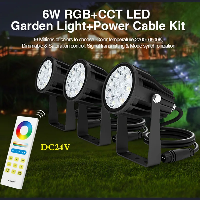 3pcs 6W RGB+CCT LED Garden Light+DC24V Power Cable Kit+2.4G remote control; waterpoof outdoor lamp Landscape lights series Kit