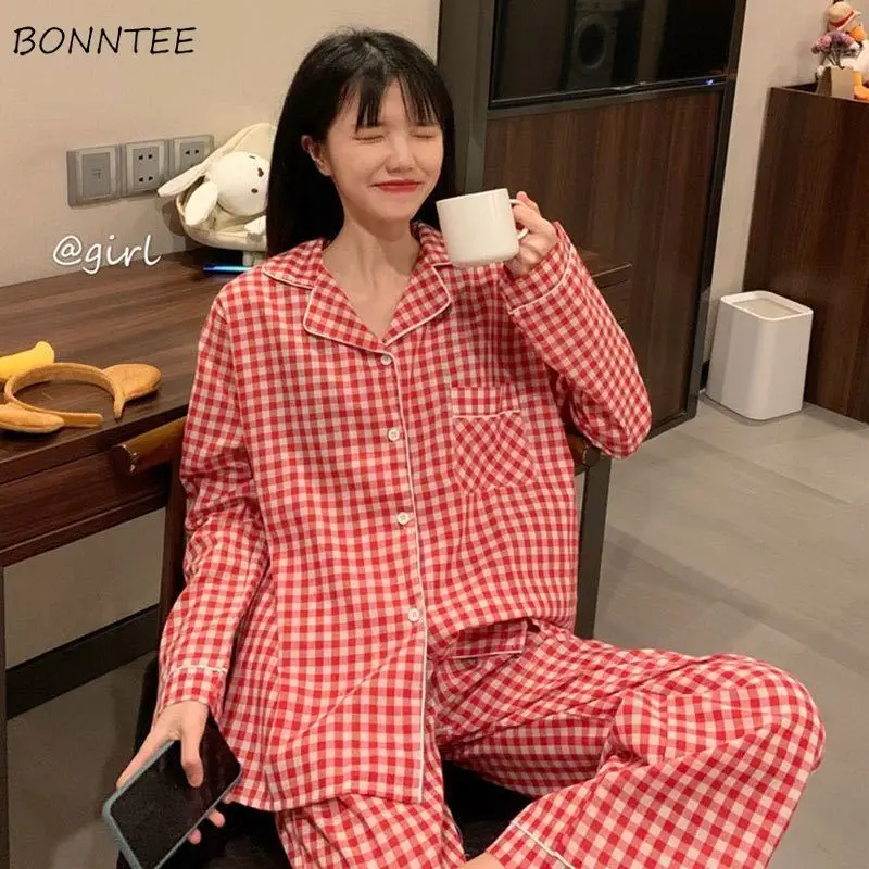 Pajama Sets Plaid Preppy Long Sleeve Soft Lovely Girls Nightwear Kawaii Loose Trendy Daily 2 Piece Sleepwear Korean Style Tender