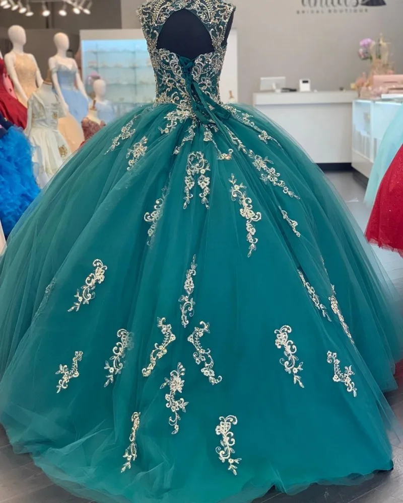 Robe de bal en dentelle vert foncé, 16 pièces, dos troué, avec des perles, en Tulle, Corset, 15 ans