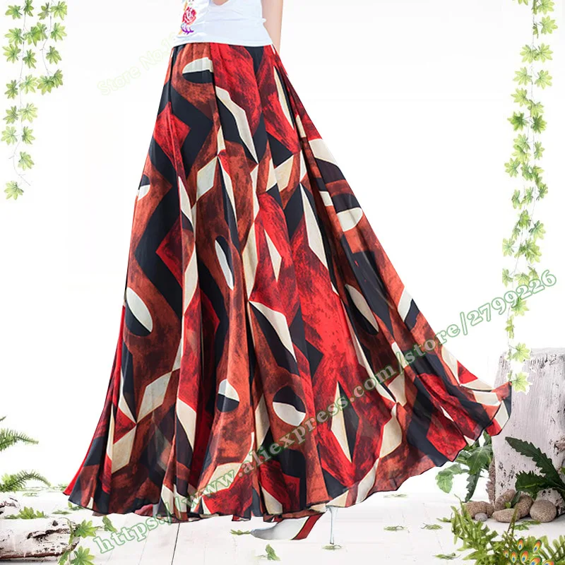 Retro Geometric Patterns Chiffon Elegant Women's Skirts , Female Summer plus size maxi skirts for women 4xl 5xl 6xl