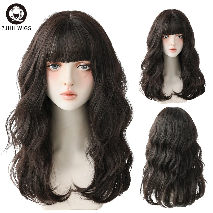 7JHH WIGS Long Wavy Synthetic Wigs With  Blend Fluffy Bangs Brown For Women's Daily Wear Four Seasons Heat-Resistant Hair Toupee