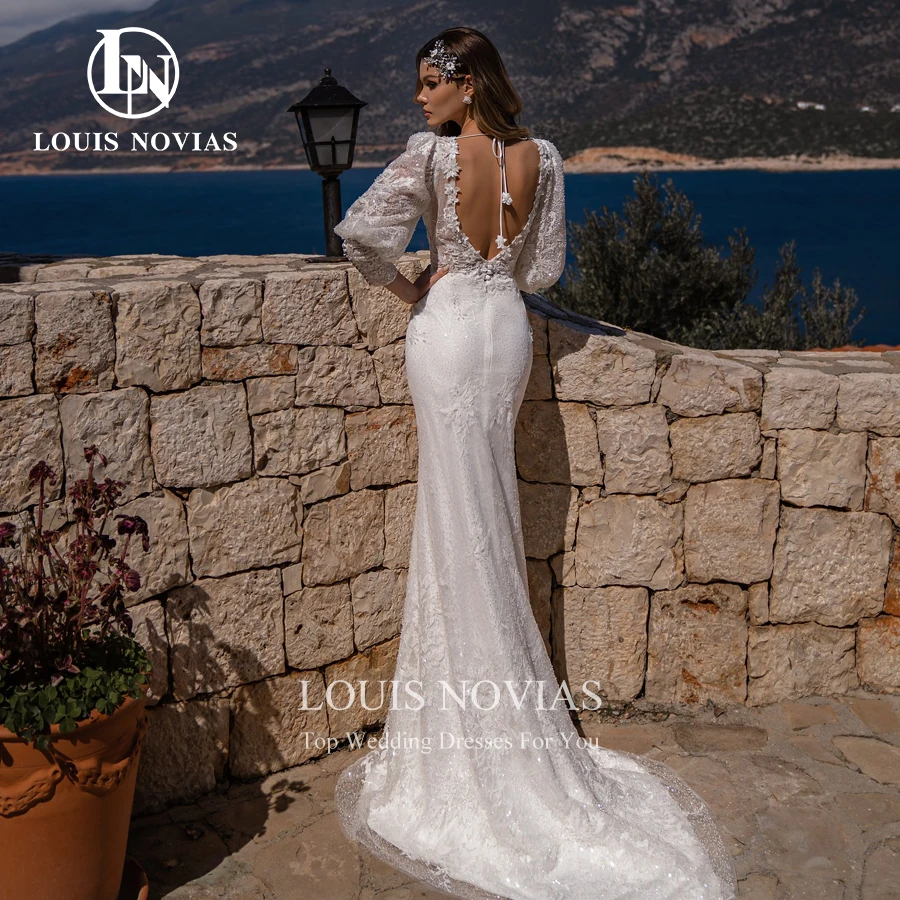 LOUIS NOVIAS 2 In 1 abito da sposa a sirena 2022 Appliques Sexy abito da sposa lucido senza schienale In Tulle con scollo a v e maniche a sbuffo con perline di fiori