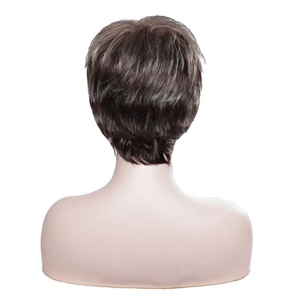 Ladies Short Omber Brown Synthetic Wig Pixie Cut Hairstyle Straight Wig With Bang For Women Daily Use Heat Resistant Fiber