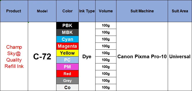 Quality Refill Ink For Canon 72  PGI72 PGI-72 , For Canon Pixma Pro 10 printer