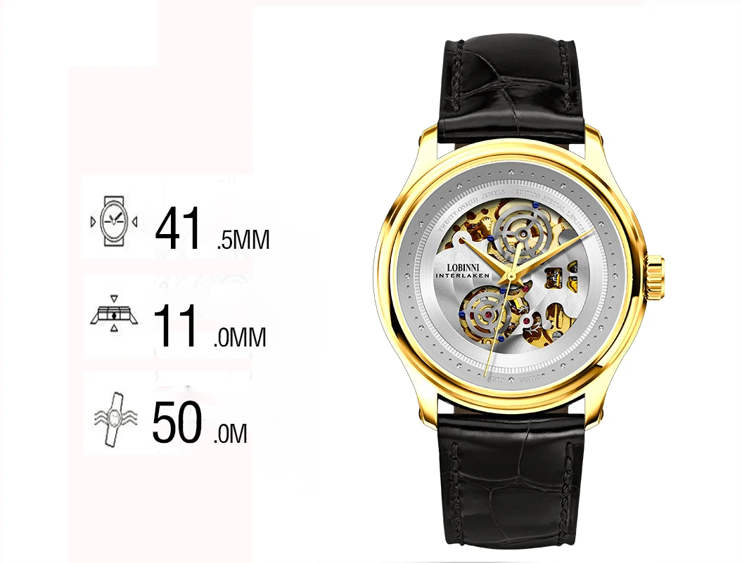 LOBINNI Orologi meccanici scheletrati analogici di moda Top Brand Vetro zaffiro Orologi automatici da uomo impermeabili reloj hombre