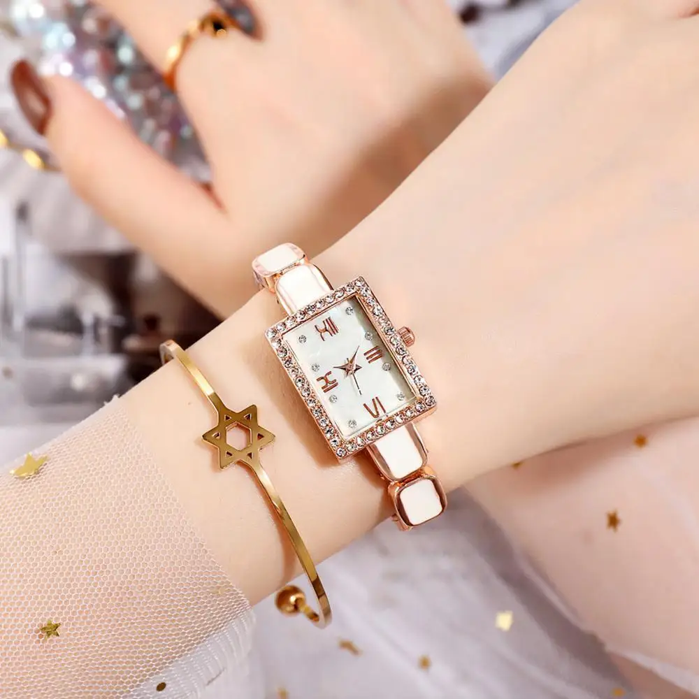 Women Geometry Square Small Dial Watch Rhinestone Shiny Quartz Wristwatch Gift