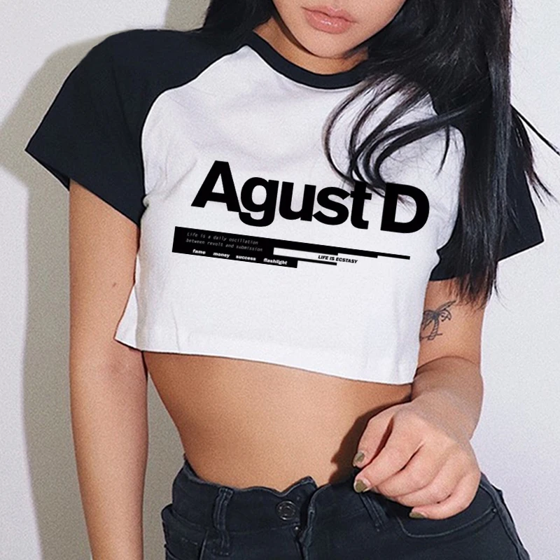 Agust D Black T-shirts Crop Top Y2k Women Female Short Sleeve Tees Summer Clothing Girl Streetwear Harajuku Graphic Tee Tops