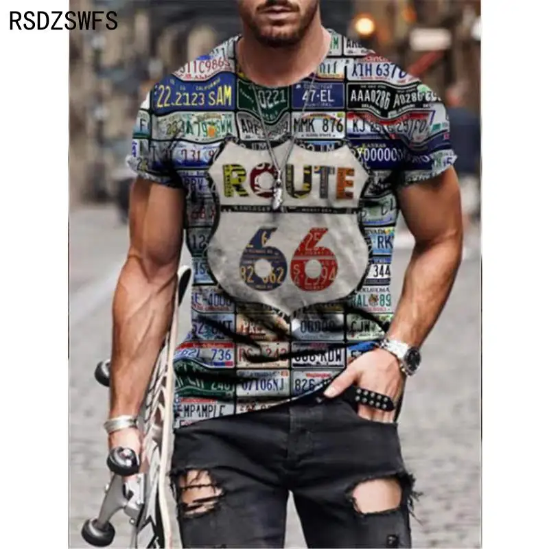 2021 Route 66 American Road T-shirt Summer New Short-sleeved Casual Top O-neck T-shirt Men\'s Oversized Shirt Retro Sweatshirt