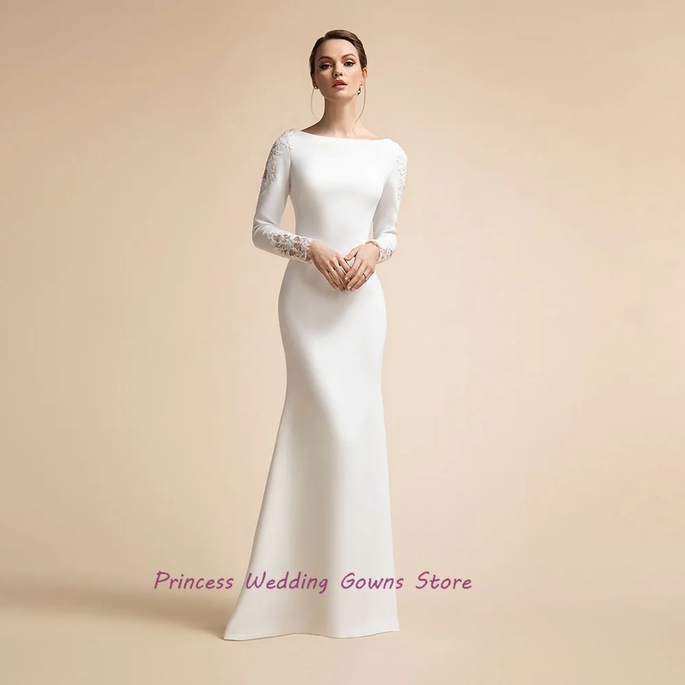 Elegant White Mermaid Wedding Dresses Bride Scoop 2022 Beach Civil Bridal Gown For Woman Sweep Train Applique Vestido De Novia