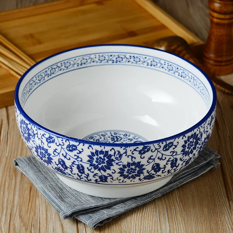 Blue and White Porcelain Noodle Bowl Ceramic Large Bowl Serving Bowls Chinese Dessert Bowl Round Pots Ramen Plates and Bowls