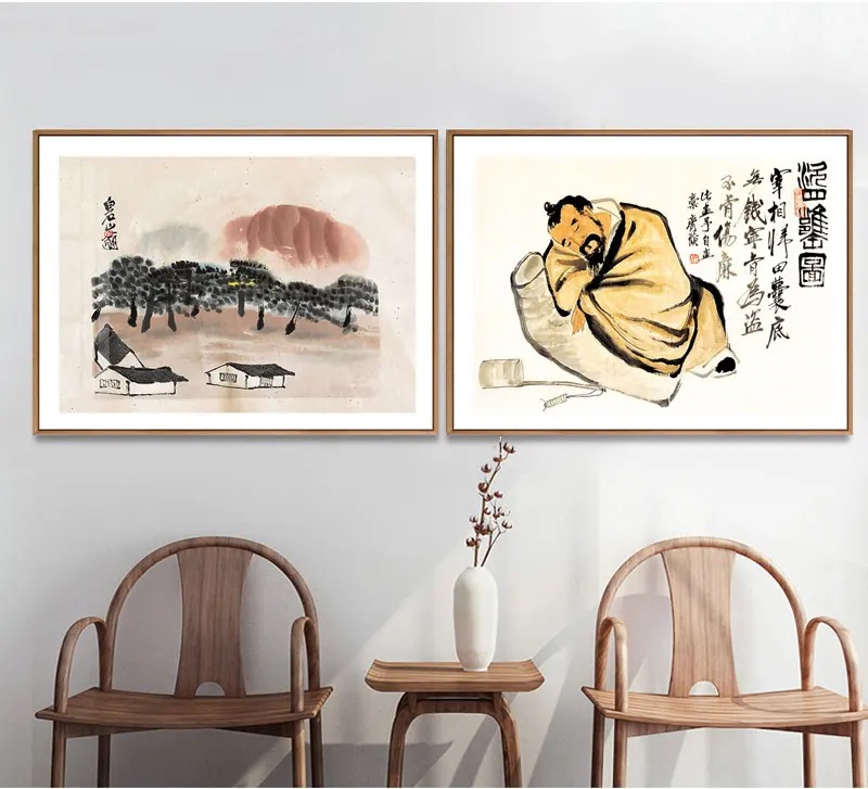 Teahouse Decor Chinese Famous Canvas Painting Qi Baishi Fruit Peach Zen Wall Art Poster Picture Print Office Living Room Home