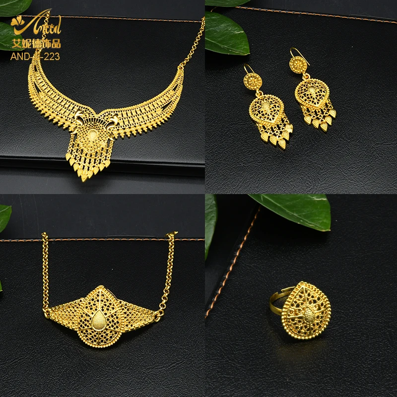 Indian Bridal Jewelry Set 24K Gold Color African Nigerian Necklace And Earring Set Ethiopian Bridesmaid Gift Wedding Jewellery