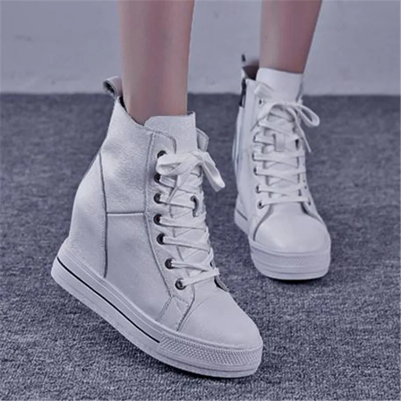 Autumn Winter Lace-up  zipper High-top Genuine Leather Shoes Women Sneakers Shoes High Heels Increase Within Wedges Casual Shoes