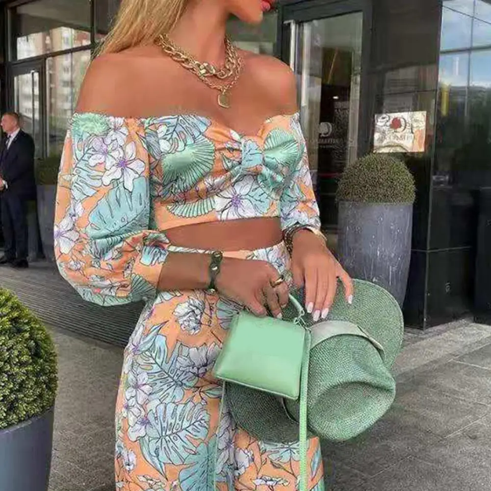 Two Piece Women Set Flare Pants Crop Top Summer Sets Floral Print Off Shoulder Sexy Outfits Half Sleeve Trousers Suits Beach