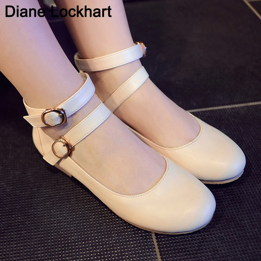 Spring round toe flat mary janes shoes woman brief solid shallow buckle casual loafers comfy soft soled non-slip sandals zapatos