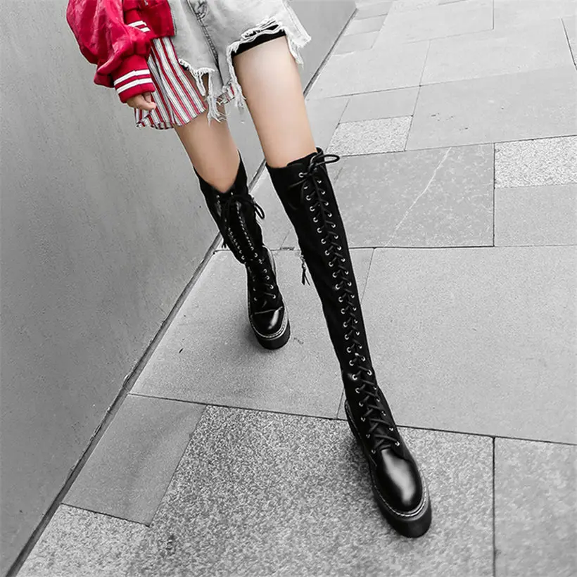 Plus Size Pumps Women Lace Up Straps Over The Knee Motorcycle Boots Female Thigh High Stretchy Fashion Sneakers Big Size Shoes