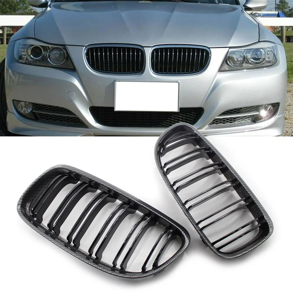 

2x Carbon Fiber Black Double Slat Car Front Kidney Grille For BMW E90 E91 2009 2010 2011 2012 3 Series 325i 328i 335d 335 i