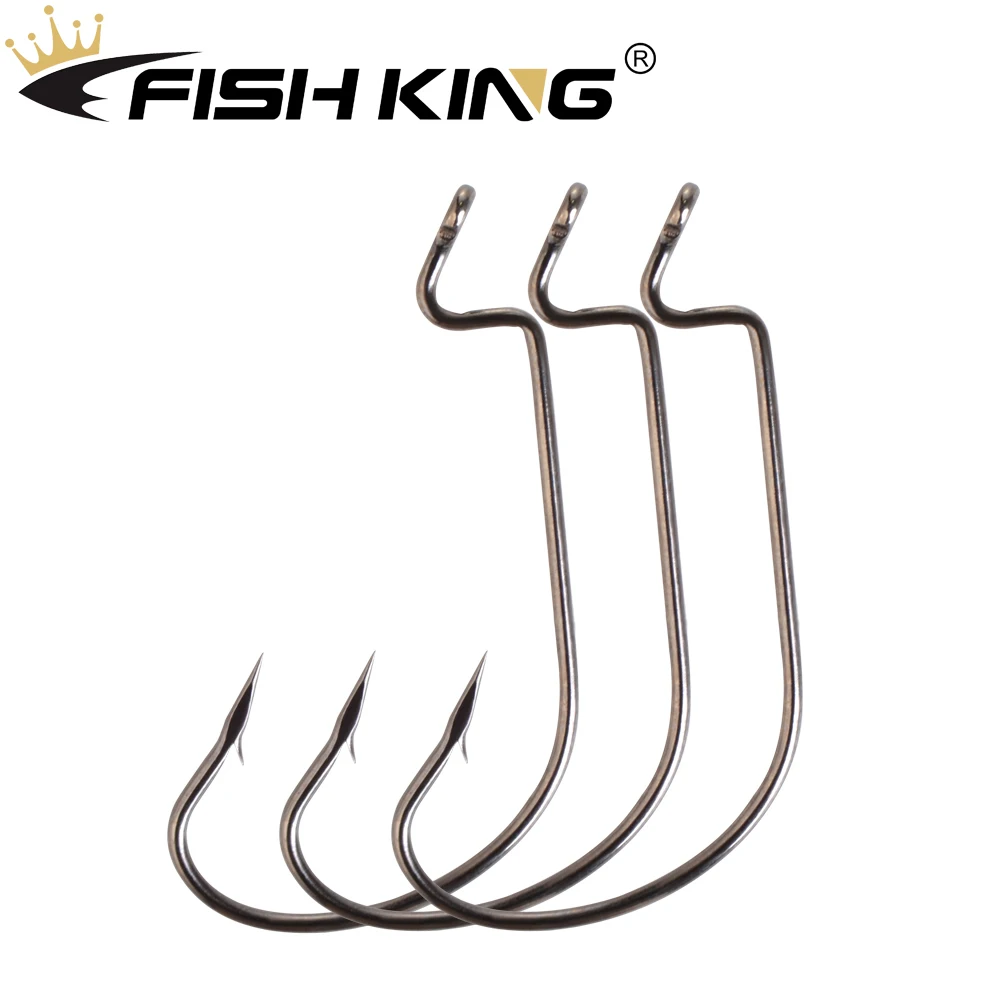 FISH KING-Soft Worm Fishing Hook, Bass Barbed Carbon Steel, Wide Crank Offset Fishhook, Carp Fishing Hooks