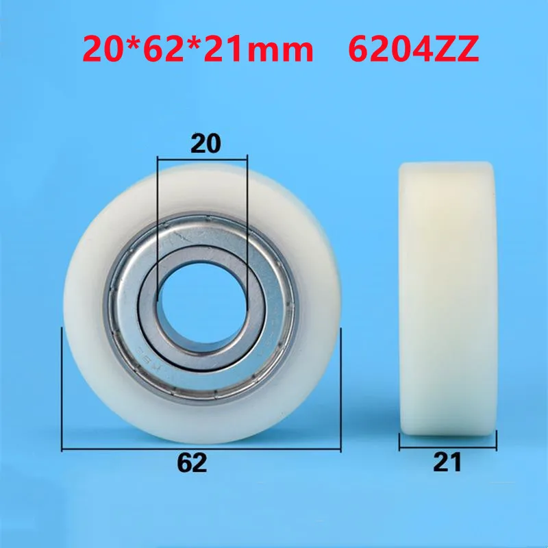 4pcs/10pcs 20*62*21mm Flat Roller 6204ZZ 6204 Bearing Nylon Plastic Coated Pulley Guide Wheel Low Noise 20x62x21mm