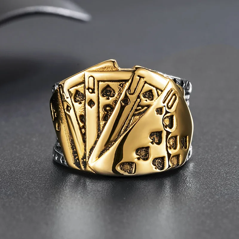 Rock Punk Titanium Stainless Steel Poker Rings For Men  Gothic God of Gambling Good Luck Signet Ring Jewelry Size 7 To 13