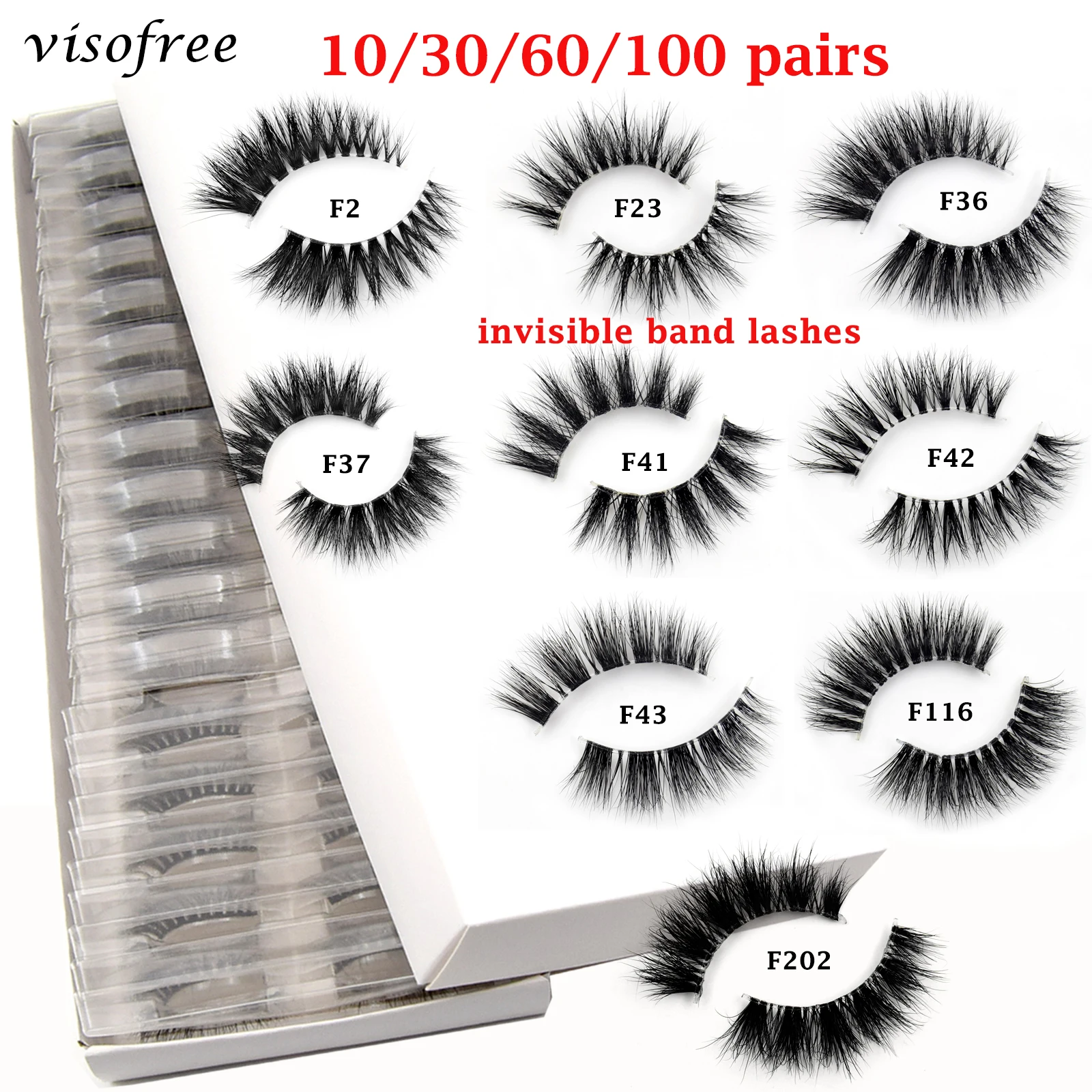 

Wholesale Mink Eyelashes 10/30/100pcs Visofree lashes invisible band mink lashes no box reusable false eyelashes Makeup in Bulk