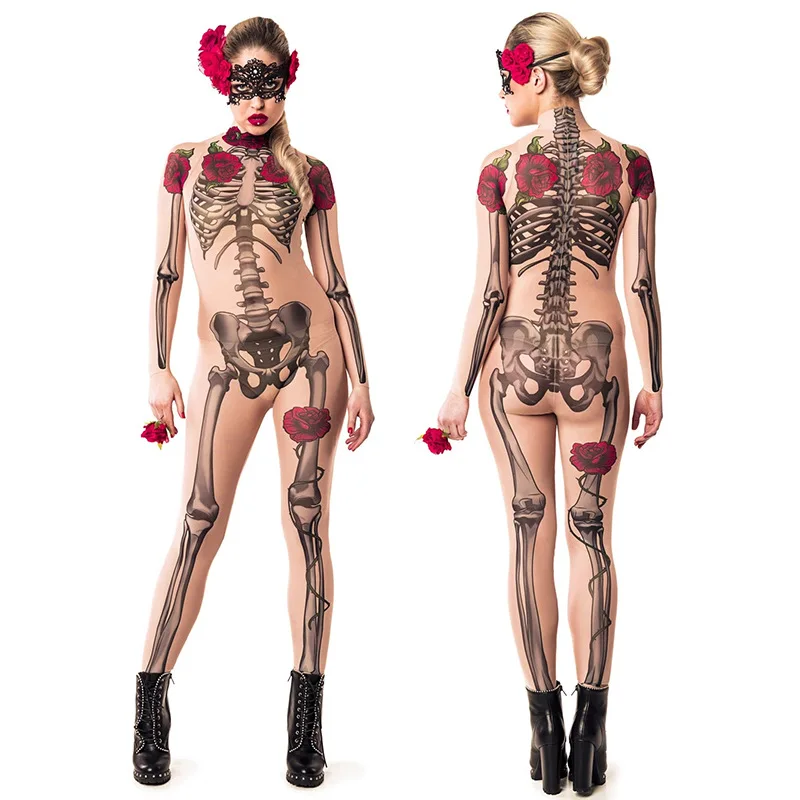 Scary Rose/Human Printed Skeleton Bodysuit Cosplay Costume Halloween Carnival Party Performance Ghost Specter Jumpsuit C38X33