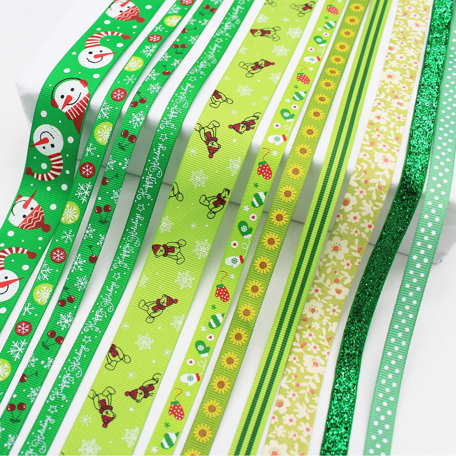 Mixed Green Printed Grosgrain Ribbons Polka Swiss Dots Satin Ribbon Christmas  DIY Crafts Decor Accessoires 6 9 16 22 25 38mm