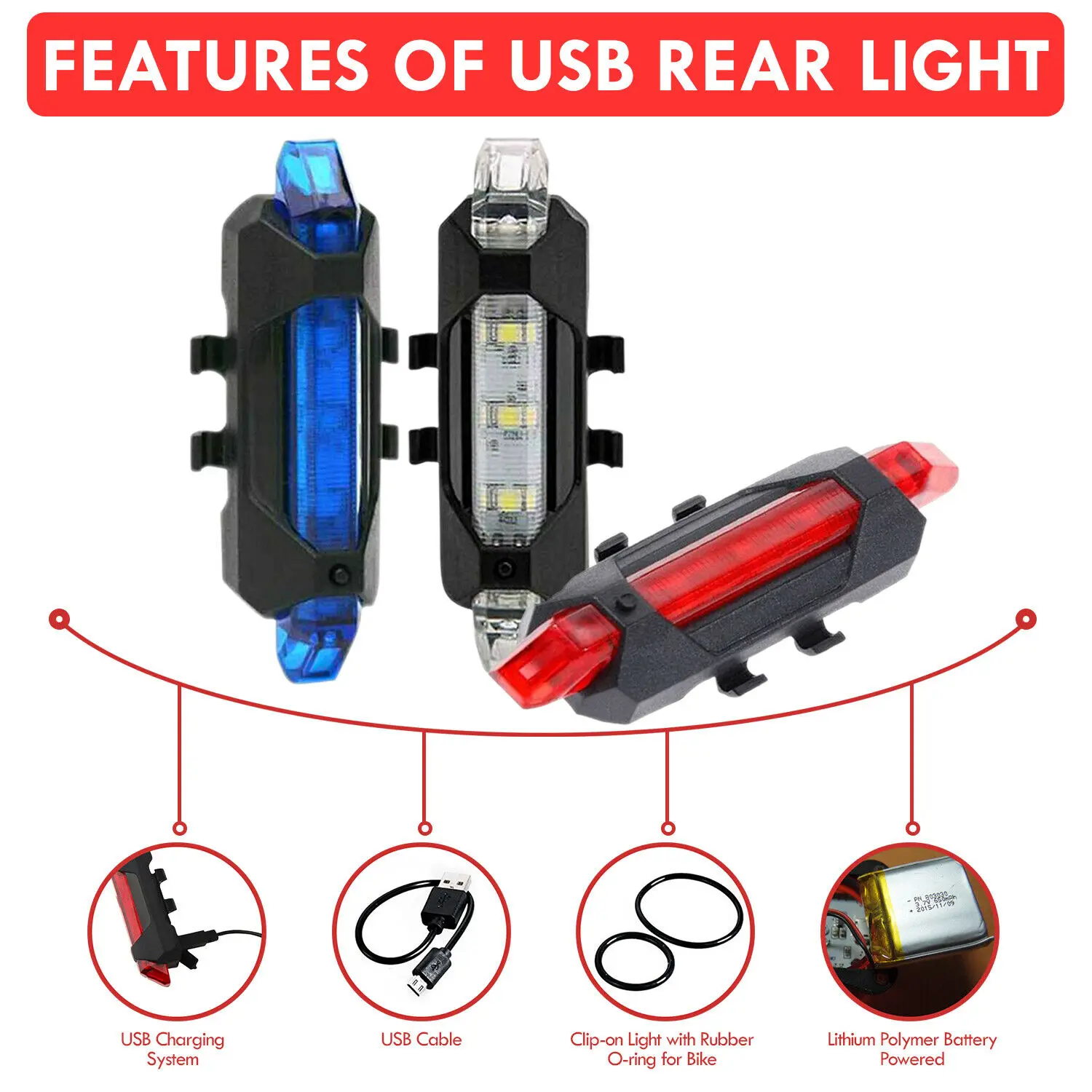 USB Rechargeable LED Mountain Bike Cycling Taillight Rear Bicycle Light Riding Warning Safety  Signal Lamp Taillamp White Red