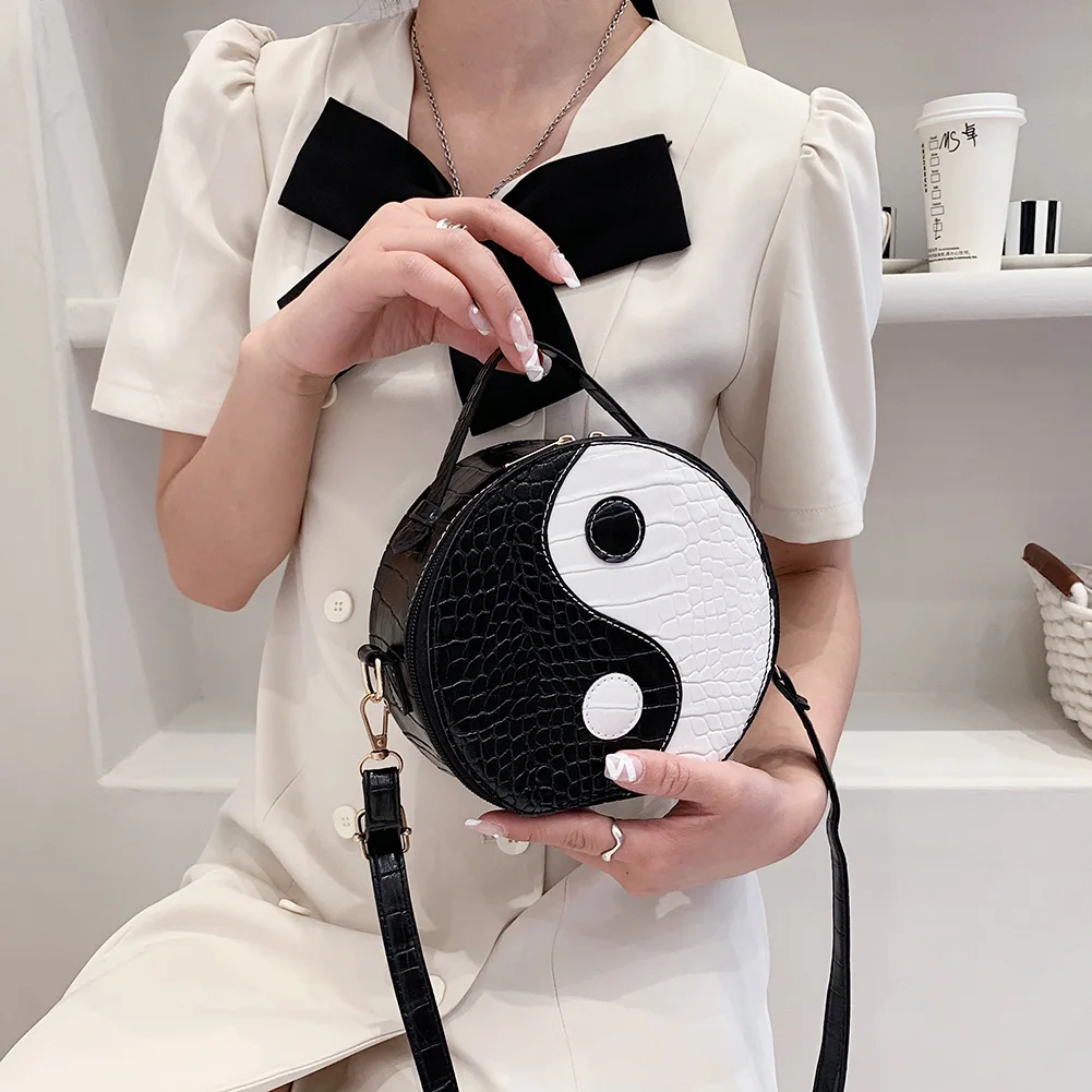 Women's Alligator Pattern Small Shoulder Bag Tai Chi Print Round Crossbody Female Soft Pu Leather Ball Bag Lady Circular Handbag