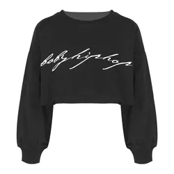 Kids Girls Letter Print Crop Top Hip Hop Jazz Dance Clothing Long Sleeves Round Neck T-shirt Street Dance Costume Dancewear