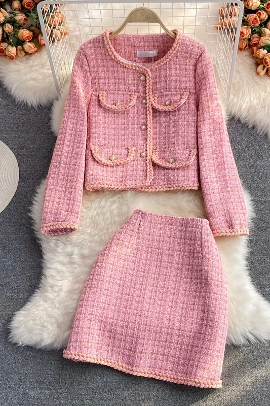 Blazer Mini Skirts Suits Women Plaid Short Two Piece Set Autumn Pink White Slim Tweed Jacket Half Skirt Female Two-Piece Sets