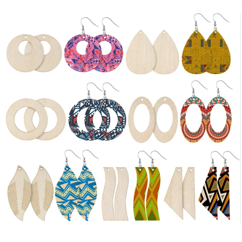 70 Pcs/Set Unfinished Wooden Earrings Blanks with Ear Hooks Opening Ring Jewelry Pendants Making DIY Crafts