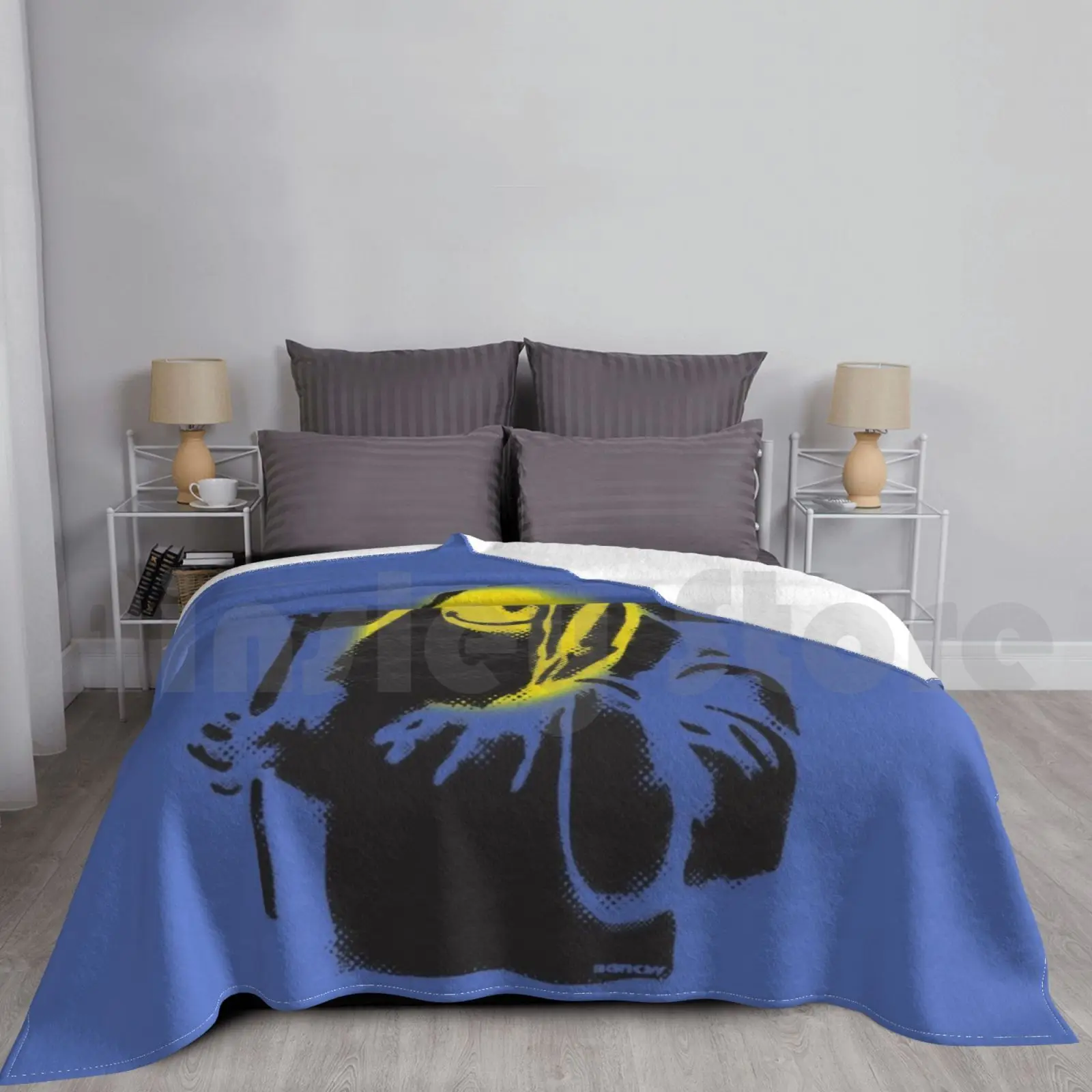 Banksy Graffiti Grim Reaper With Face Yellow And Blue Background Hd High Quality Online Store Blanket Fashion Custom