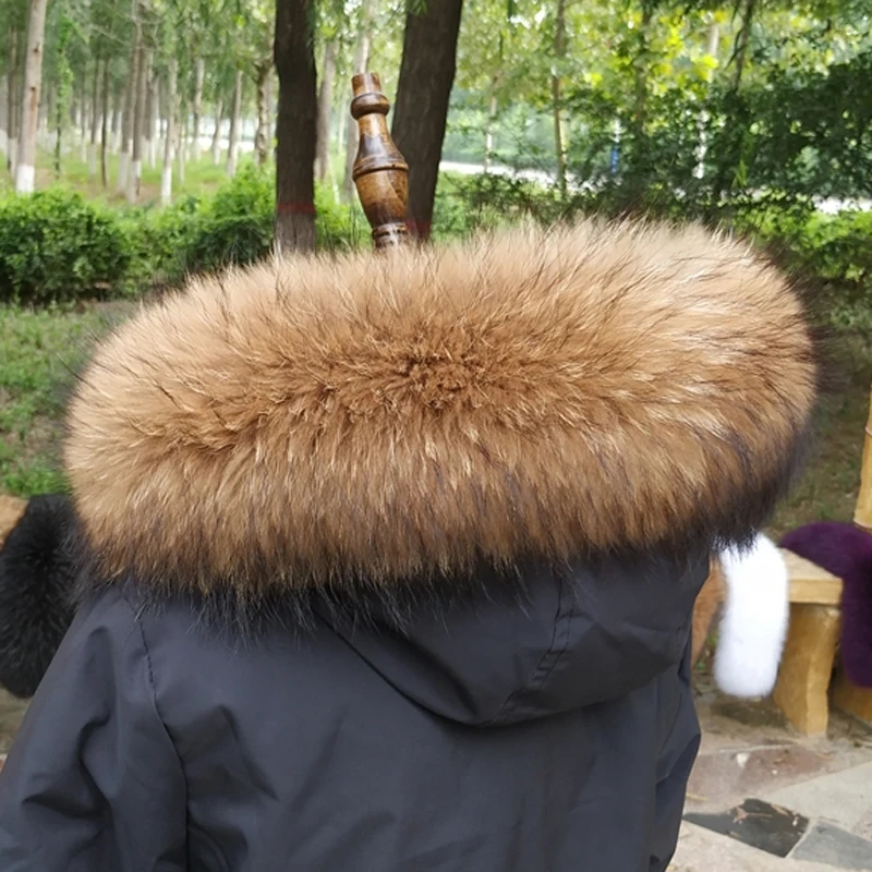 Winter 100% Real Natural Raccoon Fur Scarf Women Luxury Coat Trim Hood Warm Scarves Fashion Shawl Large Size Straight Collar