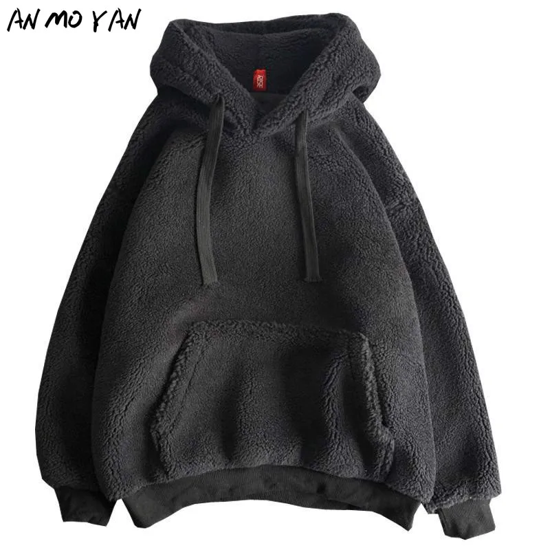 

Winter New Warm Lamb Velvet Women Hoodie Thick Solid Color Drawstring Harajuku High Street Loose Black Pullover Tops Sweatshirt