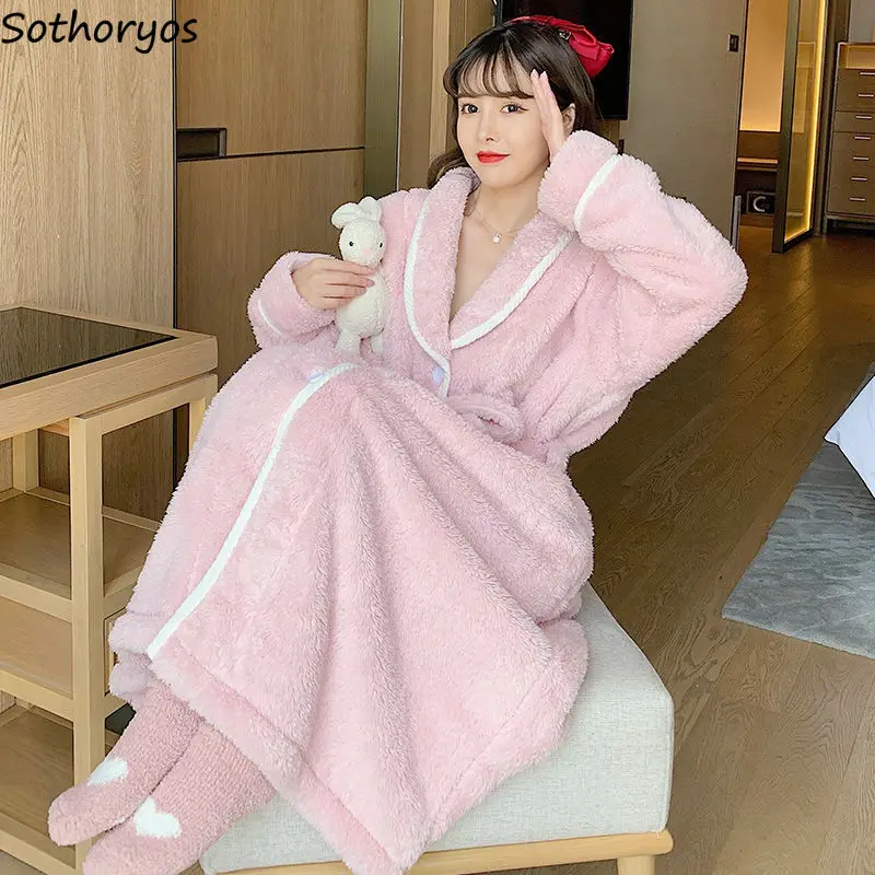 

Candy Colors Flannel Robes Women Winter Long Sleeve Single Breasted Loose Sweet Home Wear Over Knees Bathrobe Lounge Comfortable