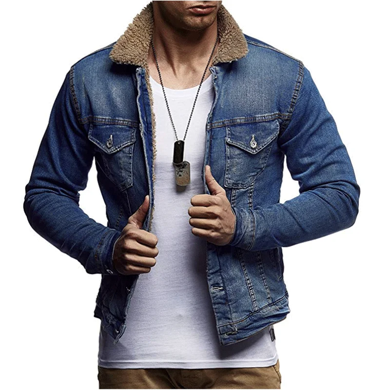 Men Light Blue Winter Jean Jackets Outerwear Warm Denim Coats New Men Blue Wool Liner Thicker Winter Denim Jackets Size S-XXL