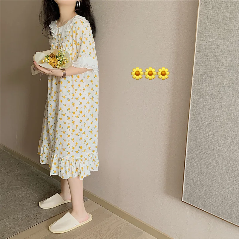 Female Cotton Linen Nightgowns Women Floral Print Nightdress Short Sleeve Peter Pan Collar Loose Long Dress Homewear Cute Style